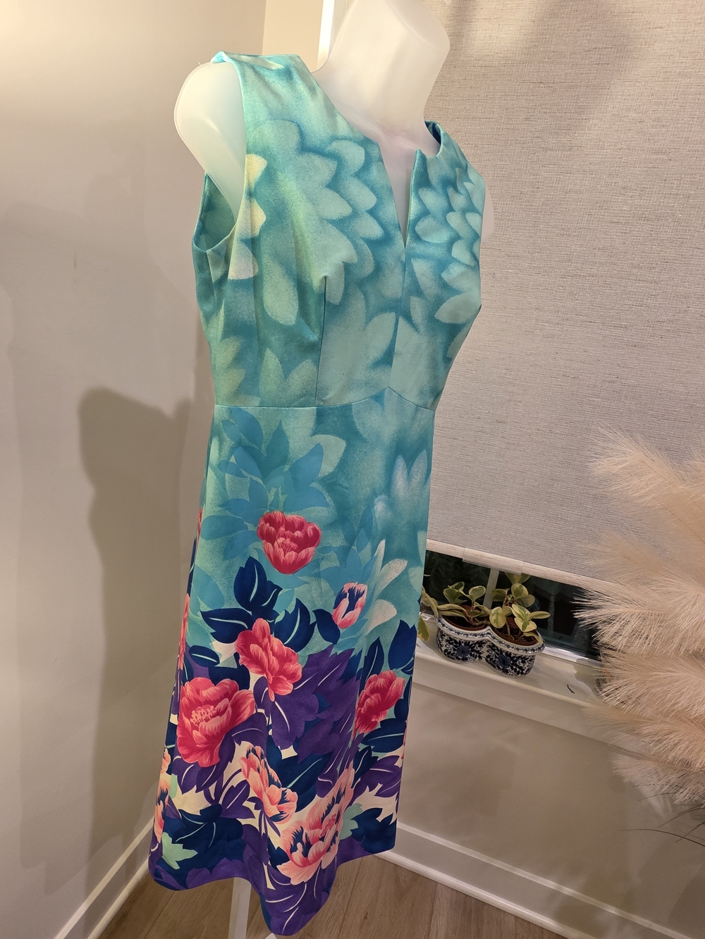 VTG Hawaiian Sleeveless Aqua Floral Sheath Dress Size L - Picture 9 of 16